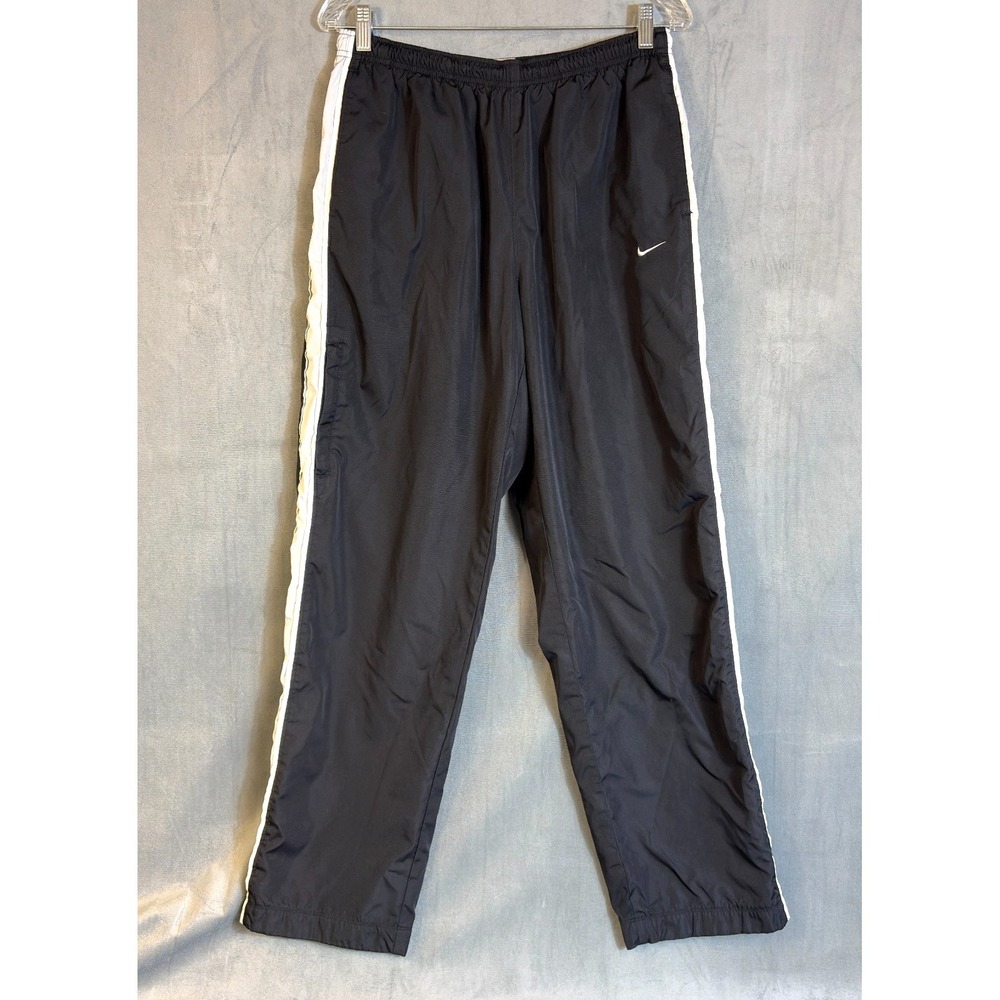 Vintage Y2K Baggy Nike Swoosh Side Stripe Track Pants Ankle Zip Black 90s   L